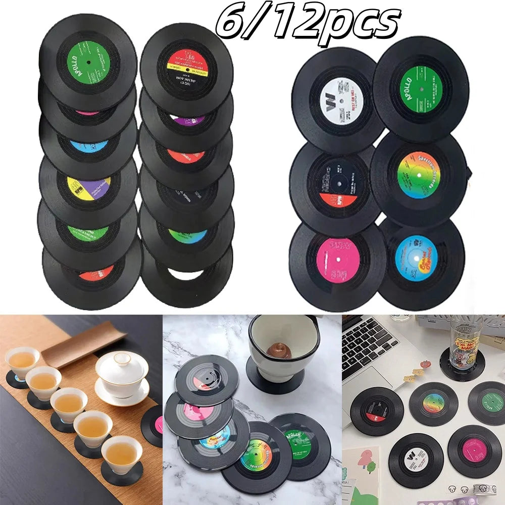 Retro Vinyl Record Coasters Set for Drinks Table Decor 6 or 12 Pack