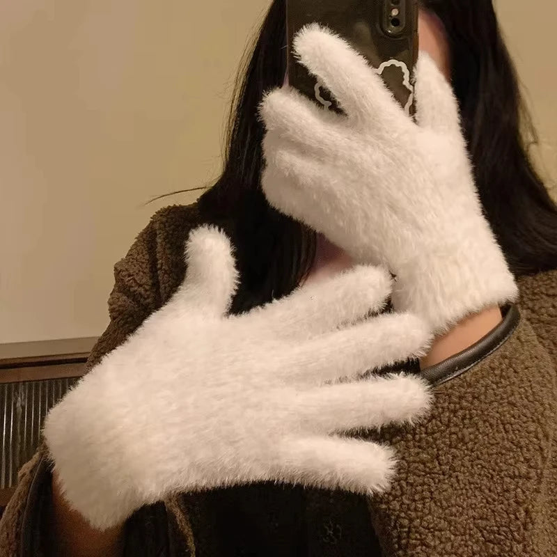 Women Winter Plush Warm Gloves Soft Five Finger Cold Proof Mittens