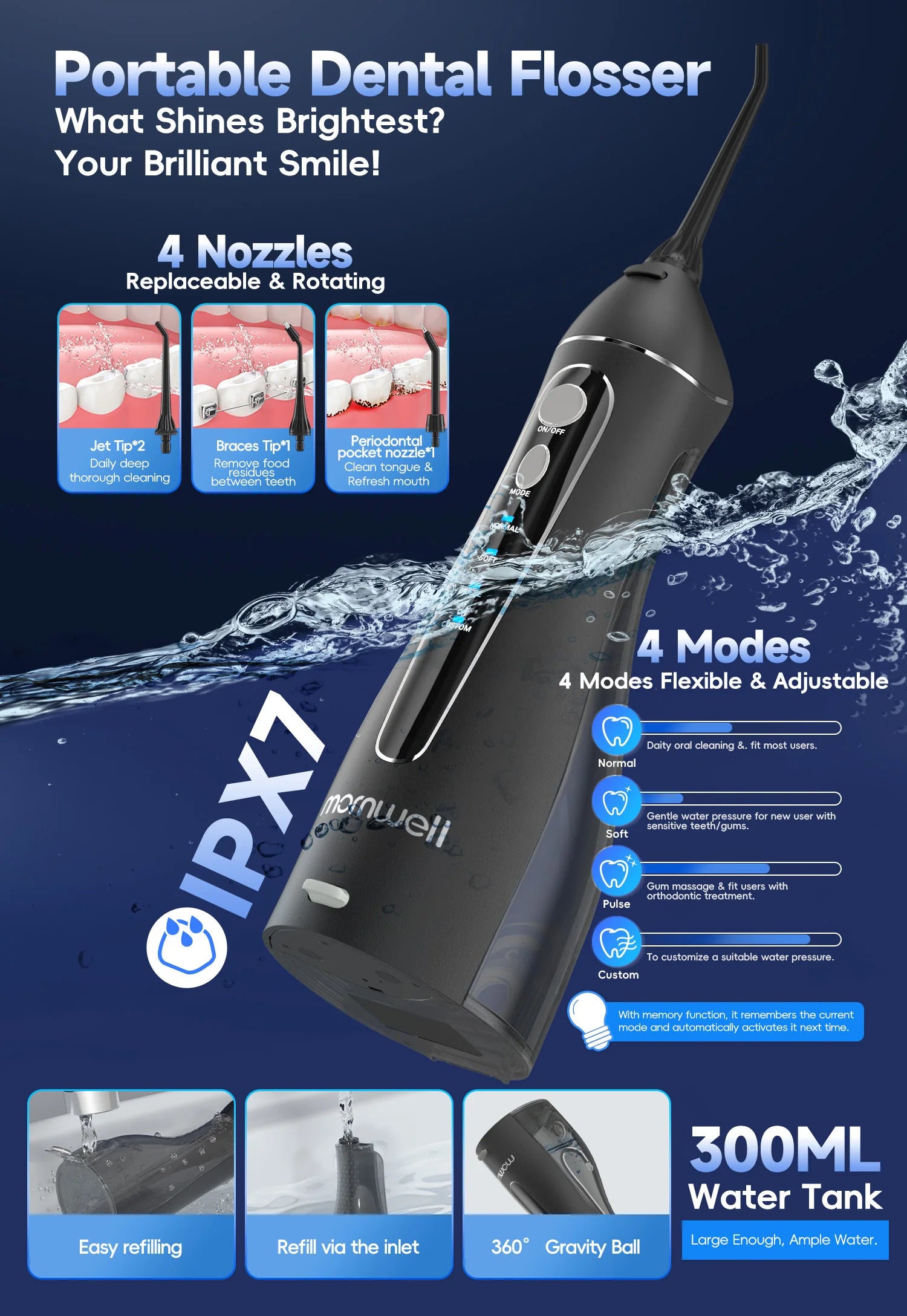Electric Water Flosser & Toothbrush Set Oral Irrigator Whitening Kit - 10