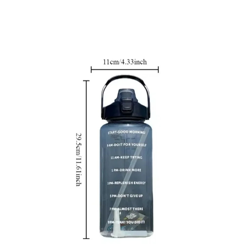 2L Large Sports Water Bottle Motivational Straw Jug Fitness Gym Cup