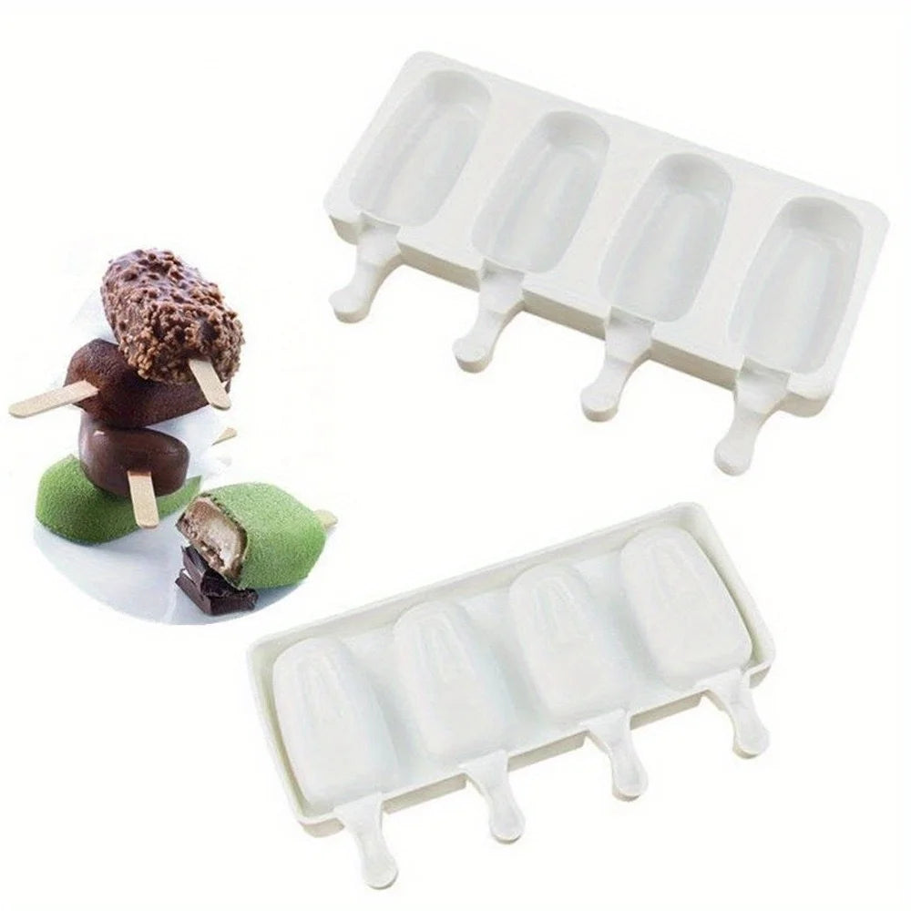 Silicone Ice Cream Mold 4-Hole DIY Popsicle Maker Tray with Sticks - 10