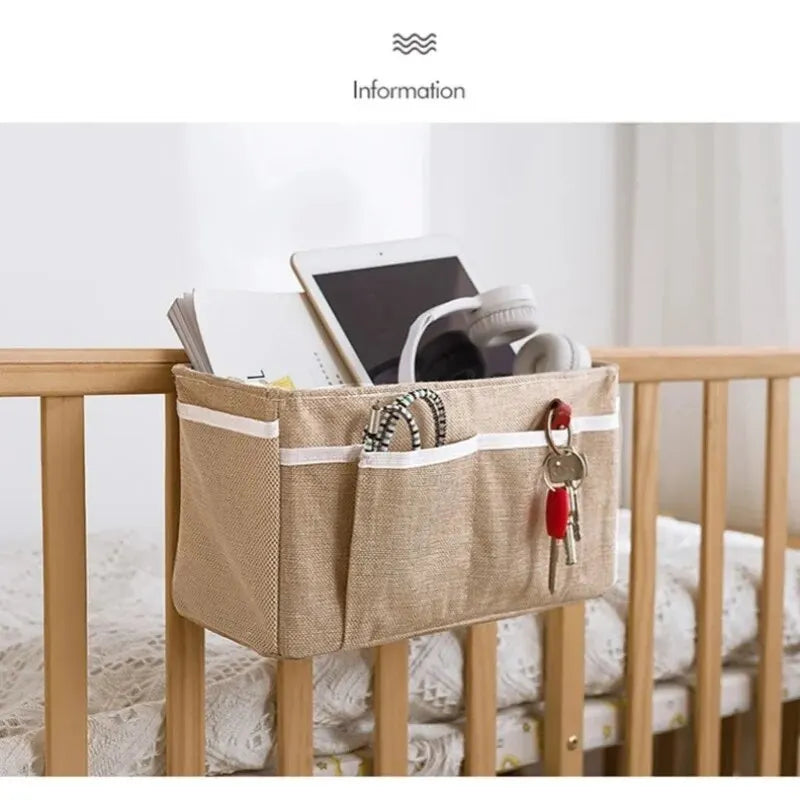 Cotton Linen Bedside Hanging Organizer Storage Bag for Crib Nursery - 4