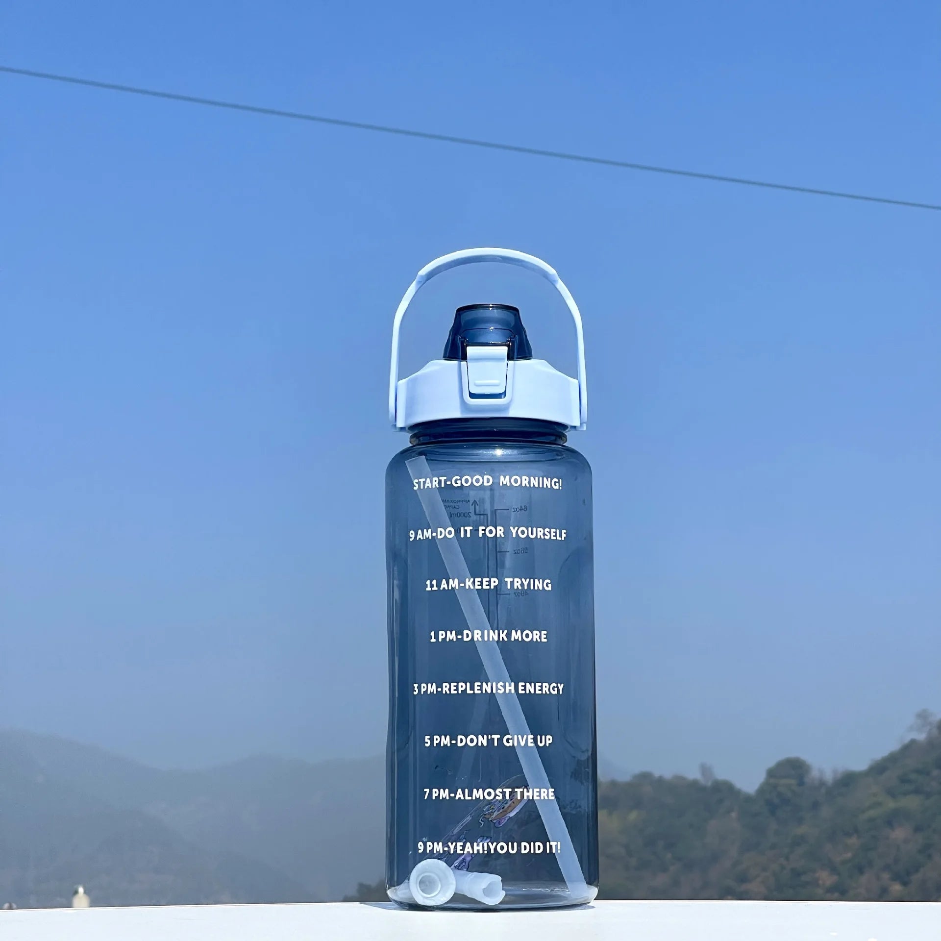 2L Large Sports Water Bottle Motivational Straw Jug Fitness Gym Cup - 9