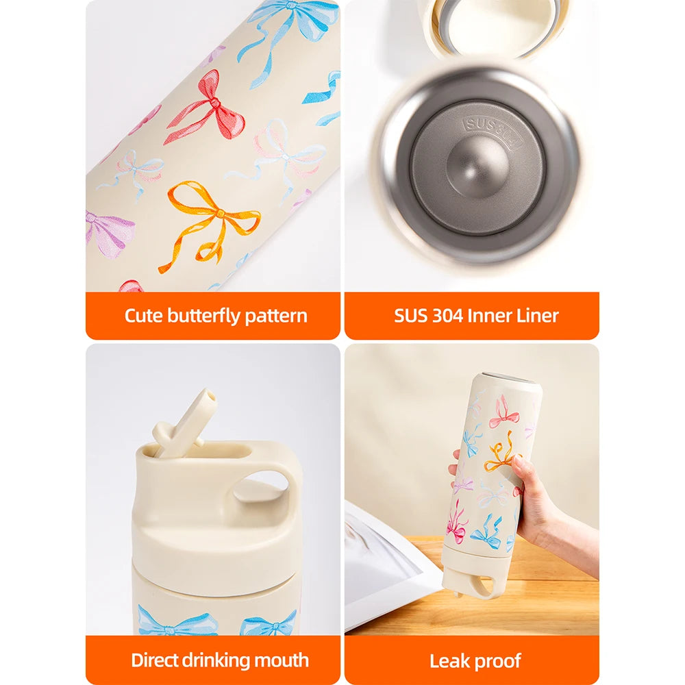 500ml Bow Print Insulated Stainless Steel Tumbler Cup with Straw