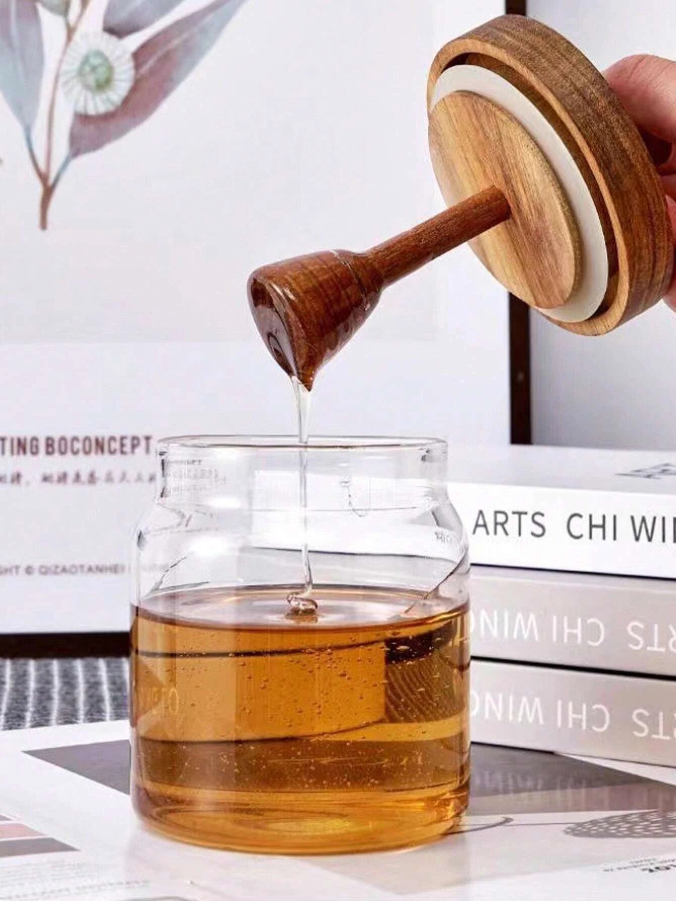 Glass Honey Jar with Wooden Dipper and Lid Syrup Storage Container - 4