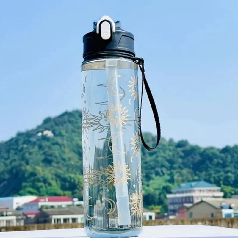 800ml Printed Space Water Bottle with Straw and Portable Carry Strap - 7