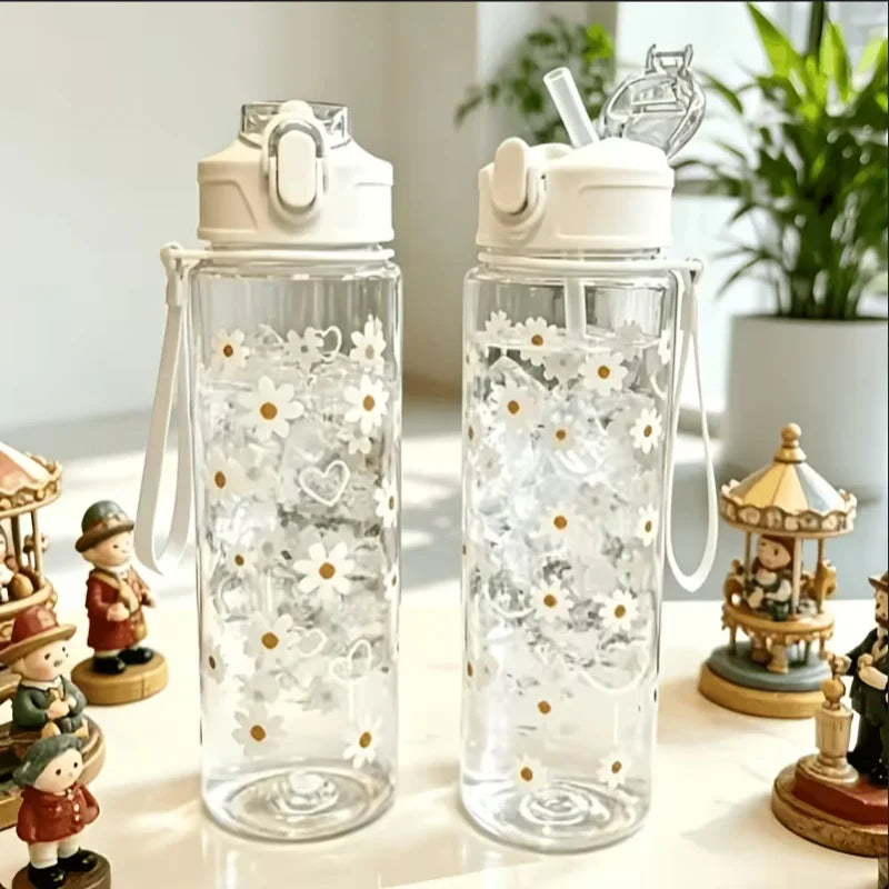 750ml Daisy Print Water Bottle Leak-Proof Portable Straw Cup - 8