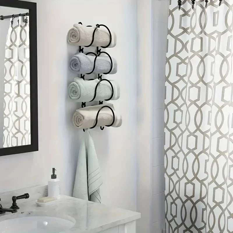 Wall Mounted Towel Rack Organizer Metal Bathroom Storage Shelf with Hooks - 8