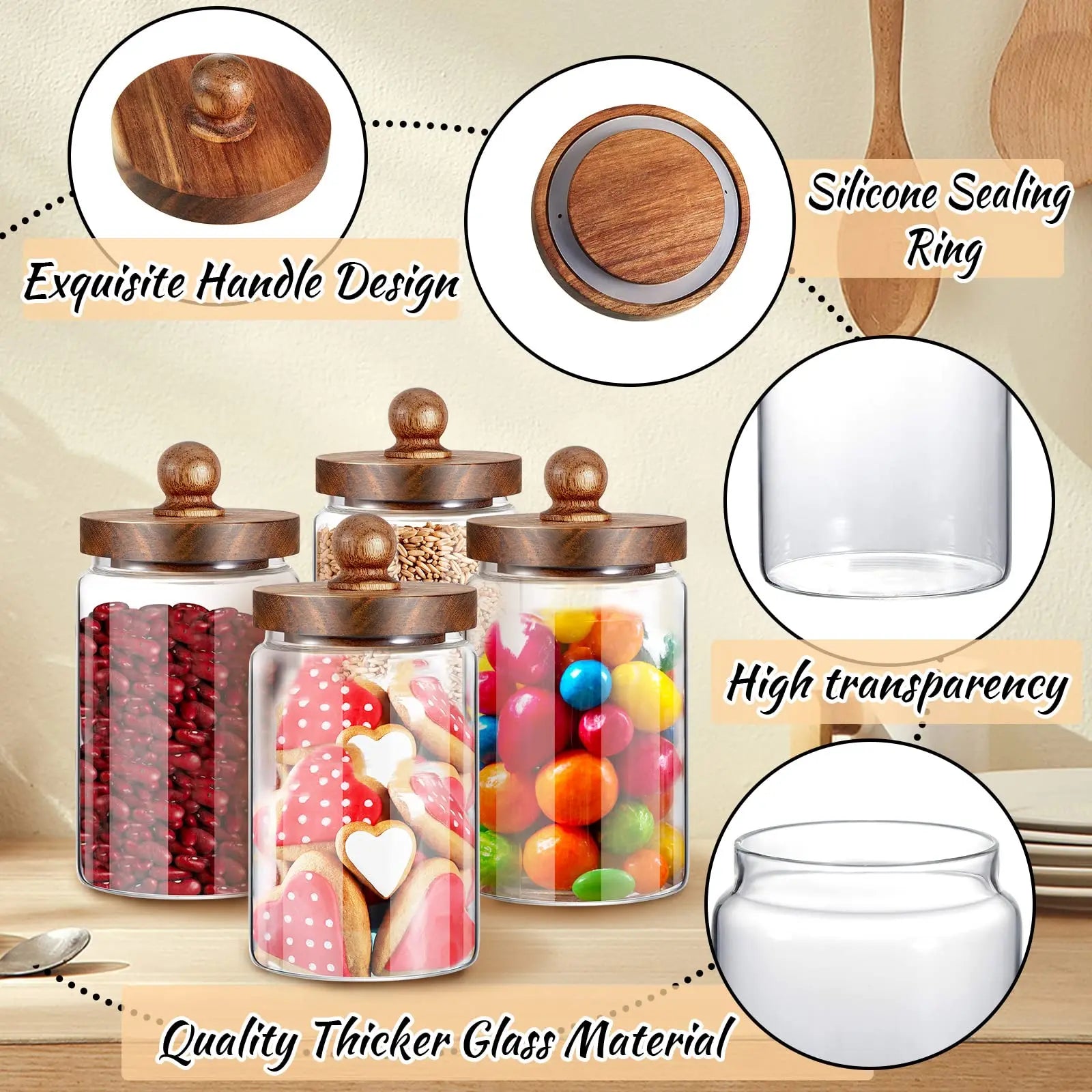 Airtight Glass Food Storage Jar with Acacia Wood Lid Kitchen Canister - 13