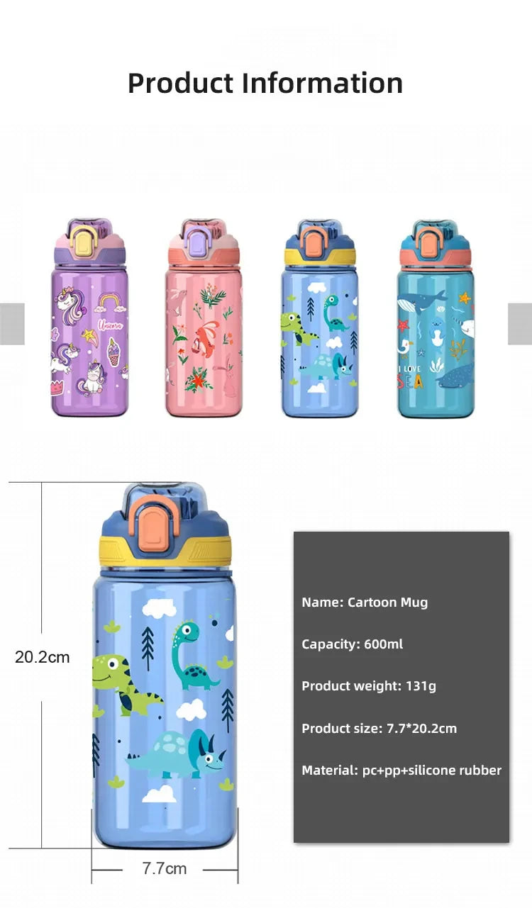 600ml Dinosaur Kids Water Bottle Leakproof Sippy Cup with Straw - 13
