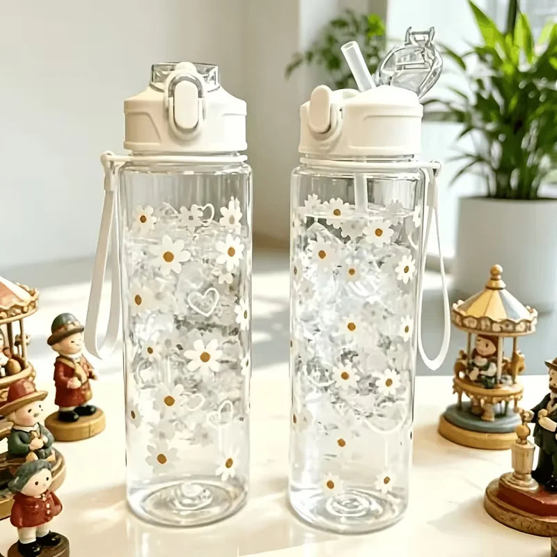 750ml Daisy Print Water Bottle Leak Proof Portable Straw Cup for Sports