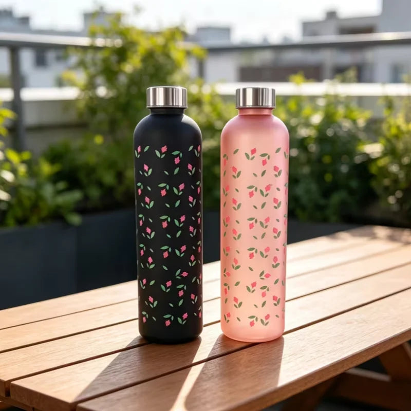 Floral Frosted Water Bottle 1000ml Leak Proof Sports Fitness Flask