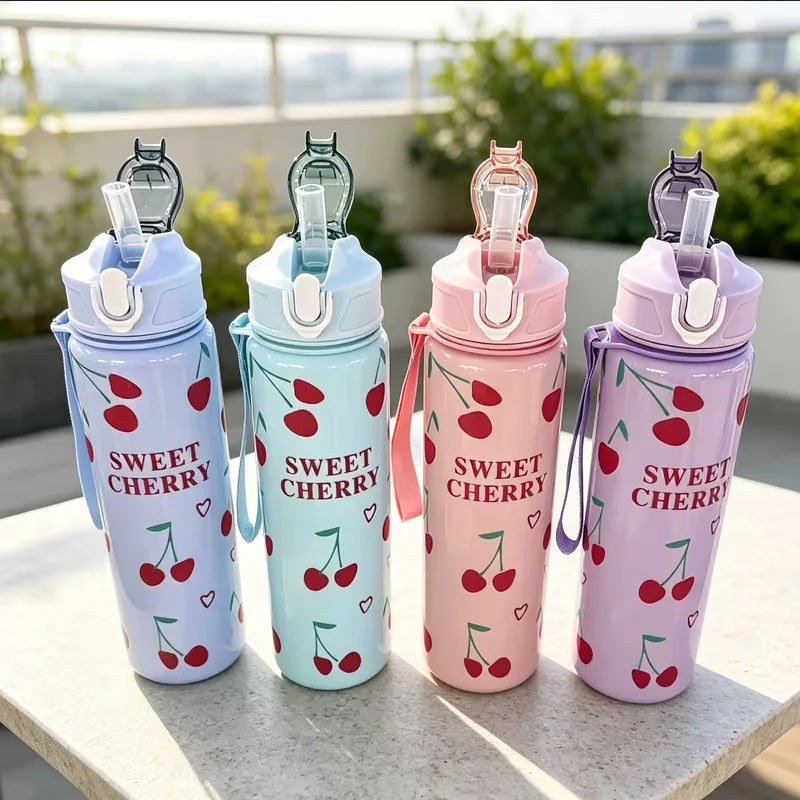 750ml Cherry Print Sports Water Bottle with Straw and Carrying Strap - 8