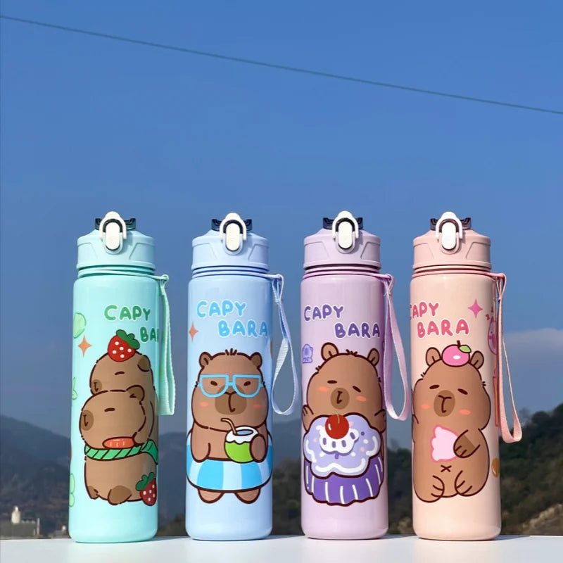 Cute Capybara Water Bottle Large Capacity Sports Cup with Straw and Strap
