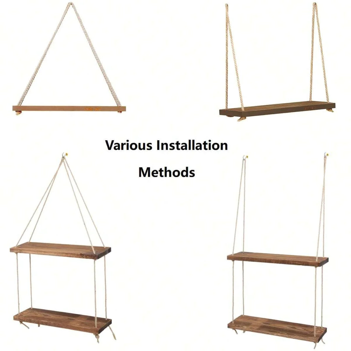 Wooden Hanging Wall Shelf Floating Rope Decor for Plants and Storage - 5
