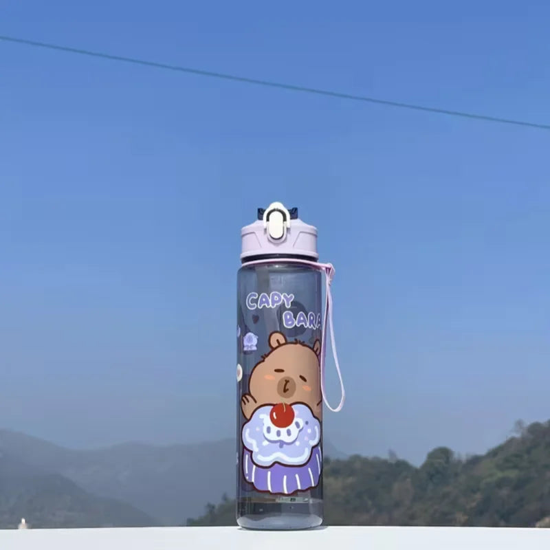 750ml Cute Capybara Water Bottle with Straw and Carrying Strap
