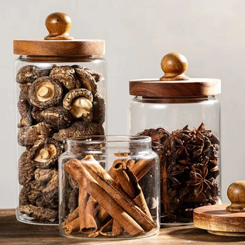 Glass Airtight Food Storage Jar with Wood Lid Kitchen Organizer Canister