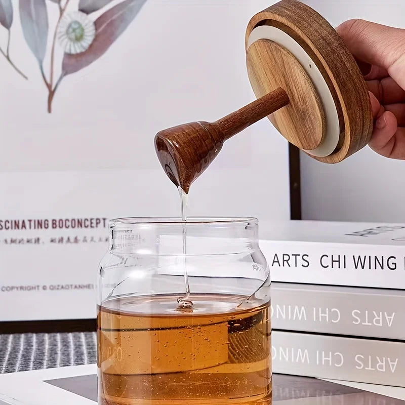 Glass Honey Jar with Wooden Dipper and Lid Syrup Storage Container
