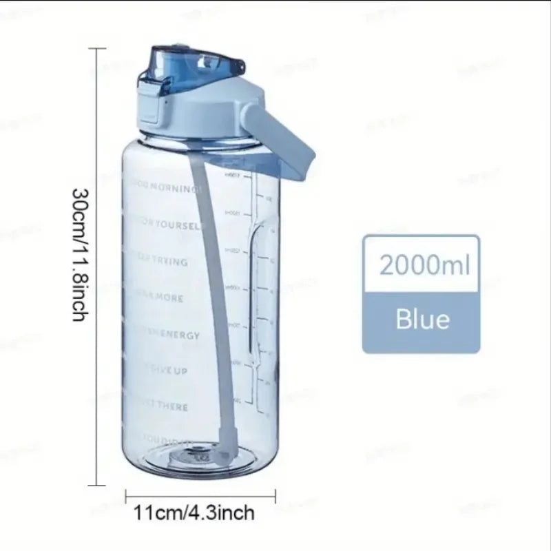 2L Large Water Bottle with Time Marker Straw and Portable Carry Handle