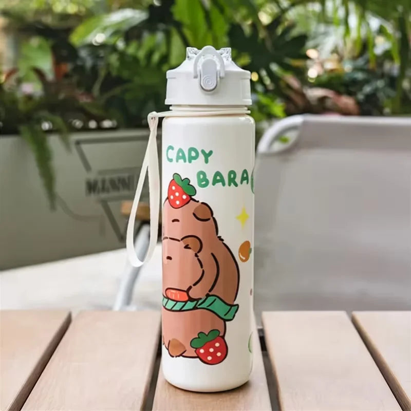750ml Cute Capybara Water Bottle with Straw and Carrying Strap - 14