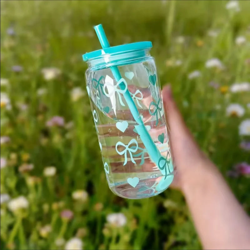 480ml Cute Bowknot Water Bottle with Straw BPA Free Reusable Drink Cup