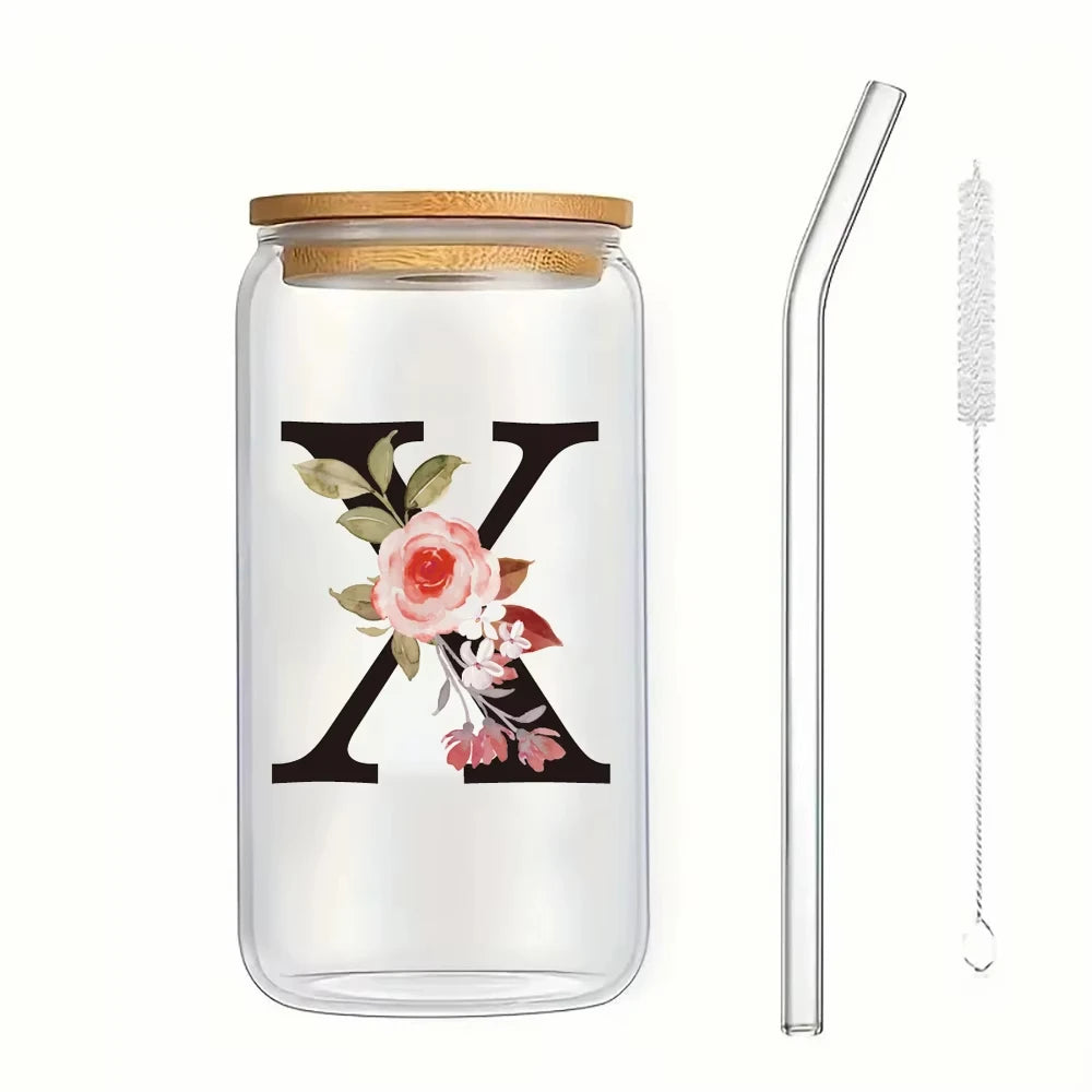 500ml Floral Alphabet Glass Cup with Bamboo Lid and Straw Coffee Mug