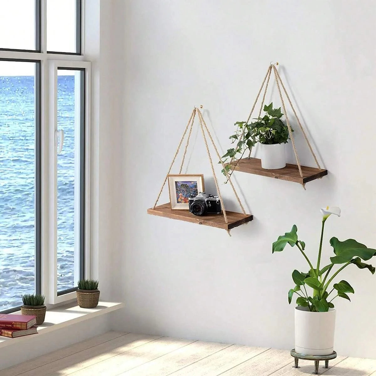 Wooden Hanging Wall Shelf Floating Rope Decor for Plants and Storage - 2