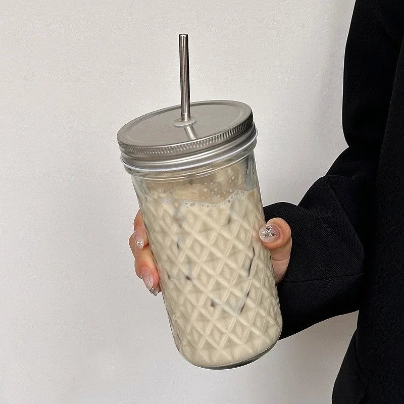 650ml Glass Coffee Cup with Straw and Lid Transparent Iced Drink Mug - 15
