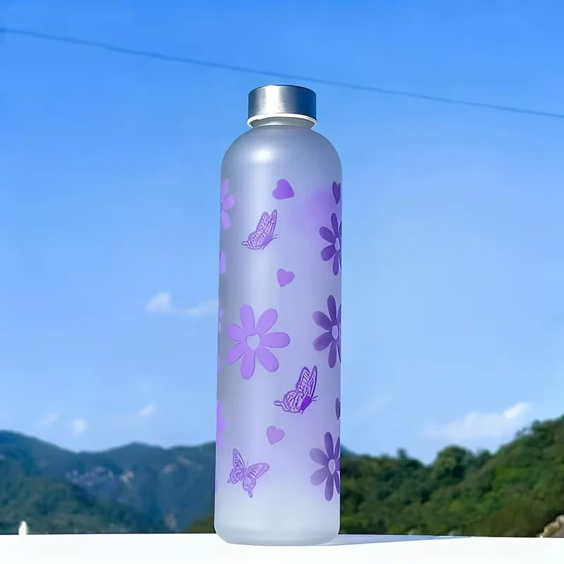 1000ml Frosted Sports Water Bottle Floral Bow Print Reusable Bottle