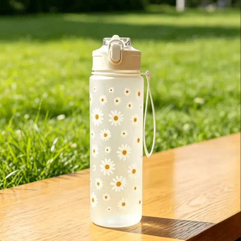 Daisy Floral Straw Water Bottle Portable Leak-Proof Plastic Sport Cup