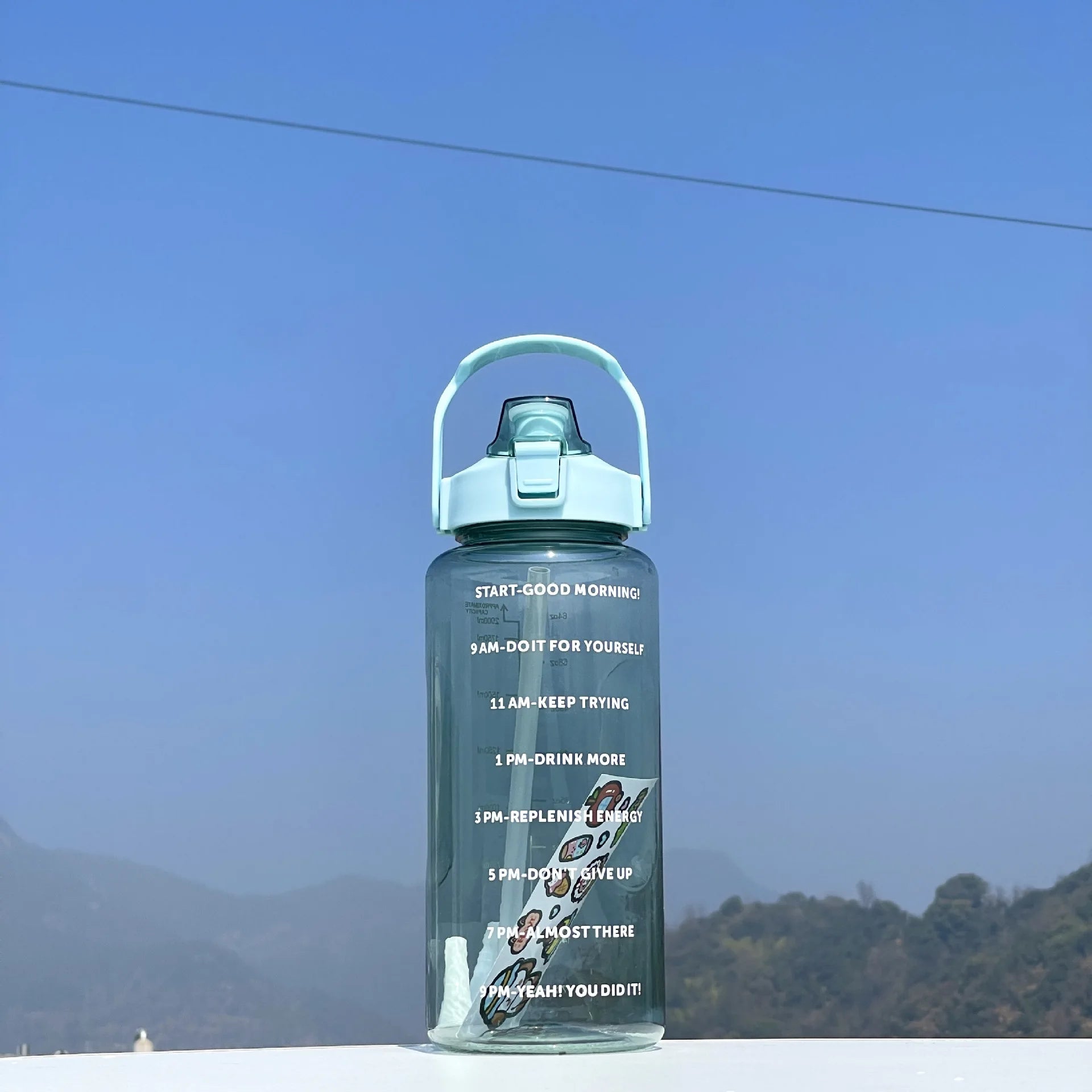2L Large Sports Water Bottle Motivational Straw Jug Fitness Gym Cup - 11