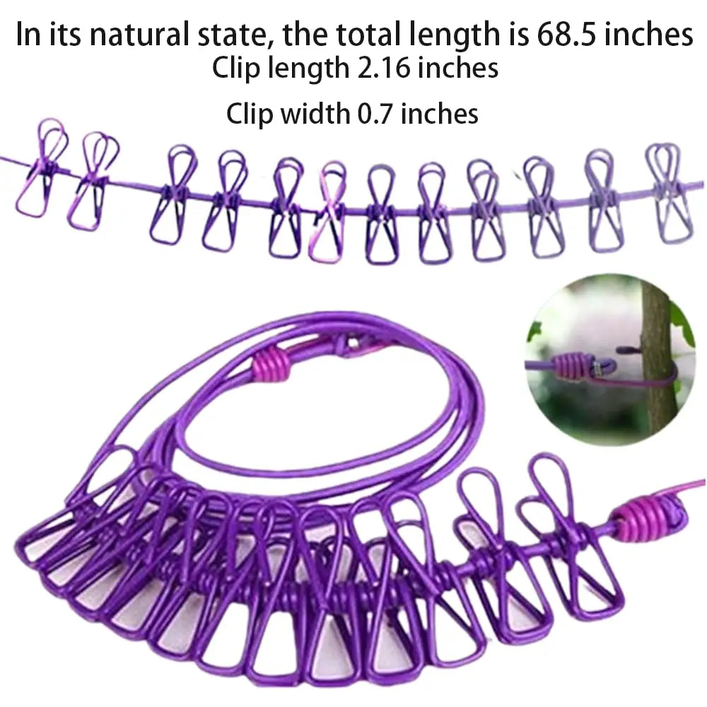 Portable Travel Clothesline with 12 Clips Retractable Camping Drying Rope - 11