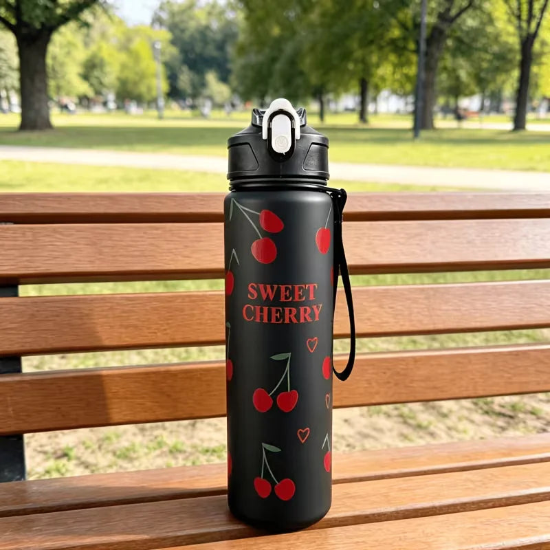 750ml Cherry Print Sports Water Bottle with Straw and Carrying Strap