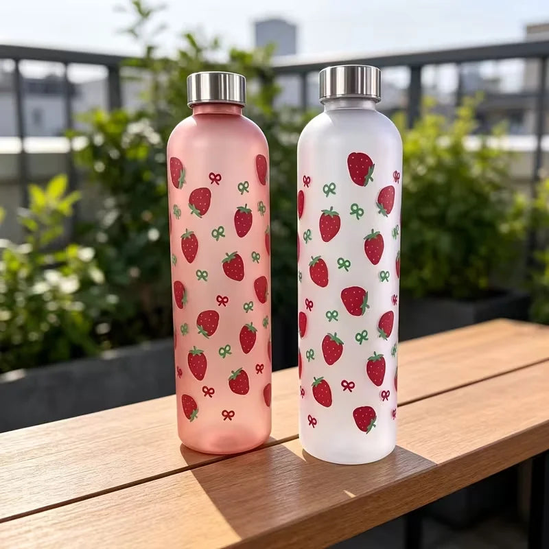 Cute Strawberry Water Bottle 1000ml Matte Frosted Leak Proof Sport Flask - 3