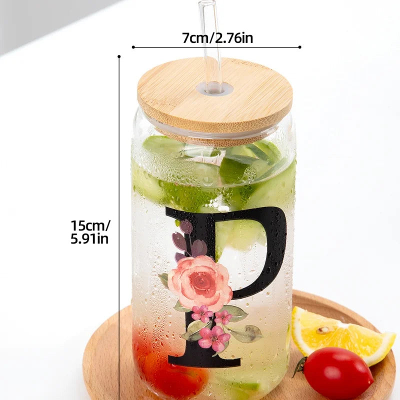 500ml Floral Alphabet Glass Cup with Bamboo Lid and Straw Coffee Mug - 7
