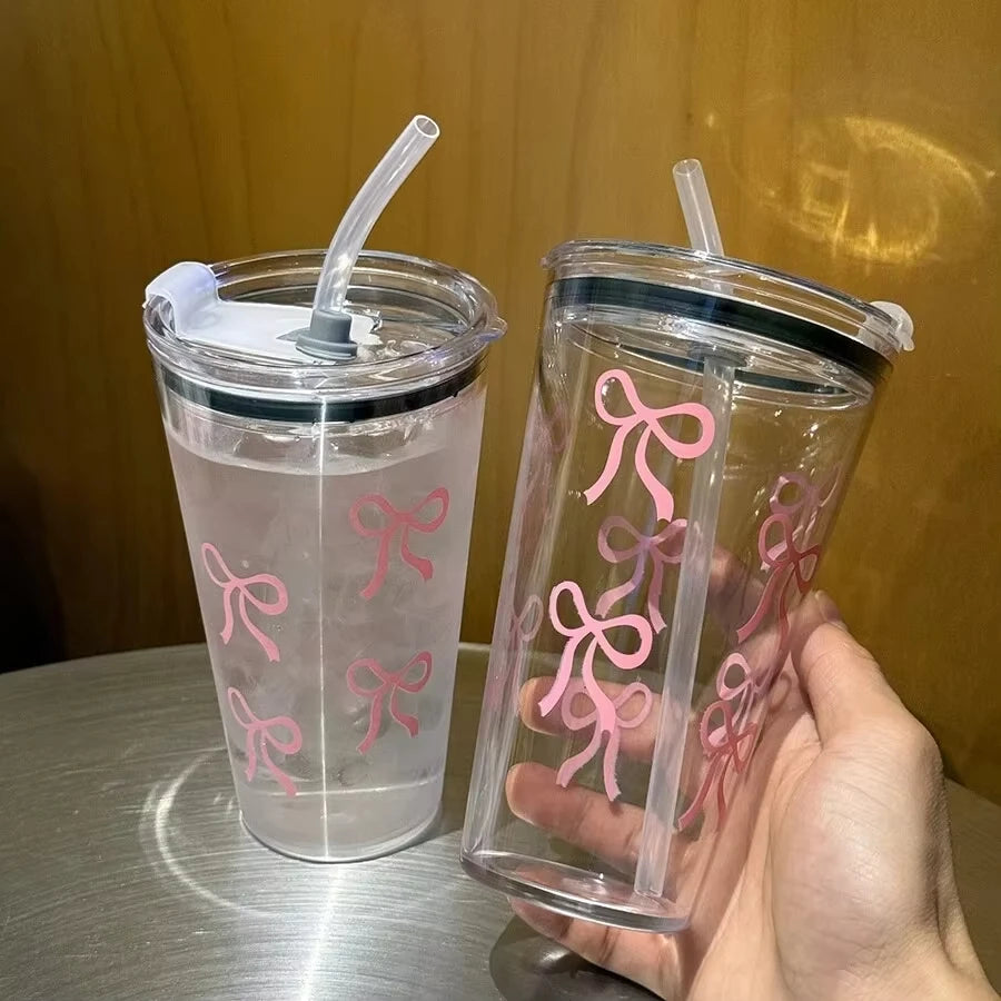 Pink Bow Plastic Tumbler with Straw and Lid Transparent Drink Mug - 12