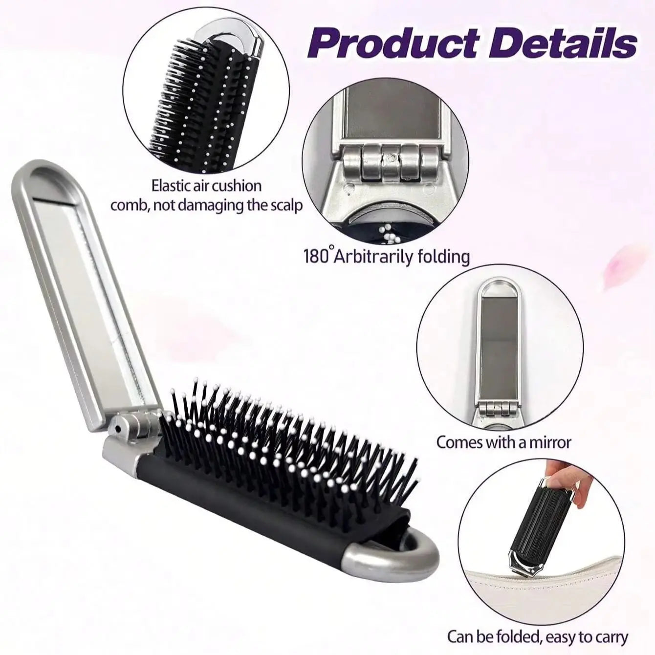2-in-1 Folding Hair Brush with Mirror Portable Travel Massage Comb
