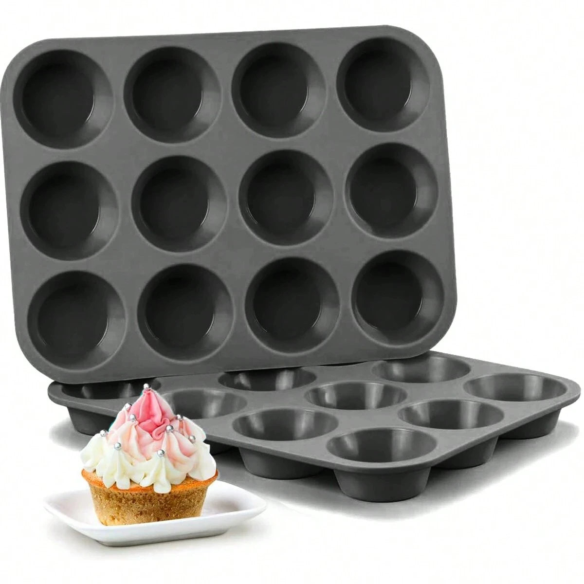 12-Cup Silicone Muffin Pan Nonstick Cupcake Baking Mold Tray - 8
