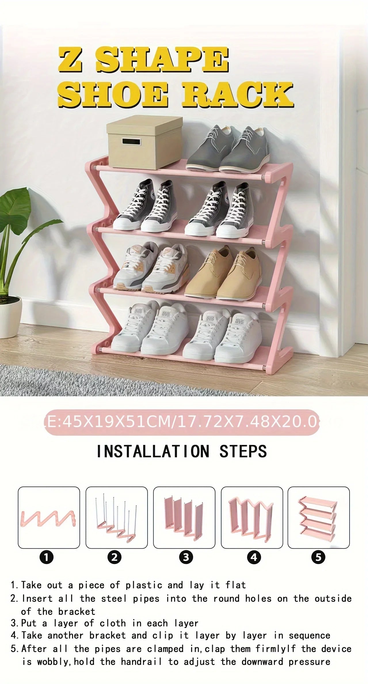 4-Tier Z-Shaped Shoe Rack Compact Storage Organizer for Dorms and Entryway