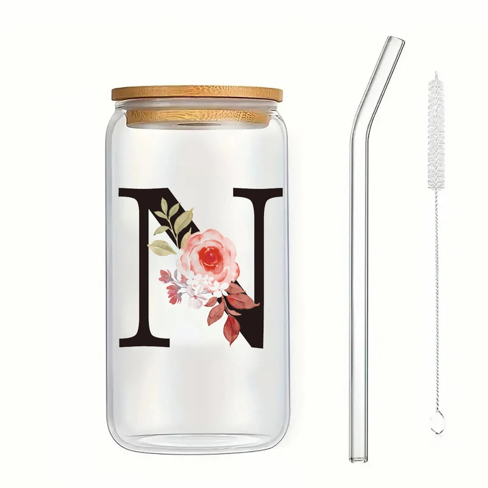 500ml Floral Alphabet Glass Cup with Bamboo Lid and Straw Coffee Mug - 27