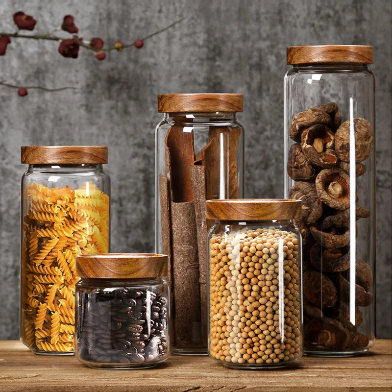 Airtight Glass Storage Jar with Wood Lid Kitchen Food Canister