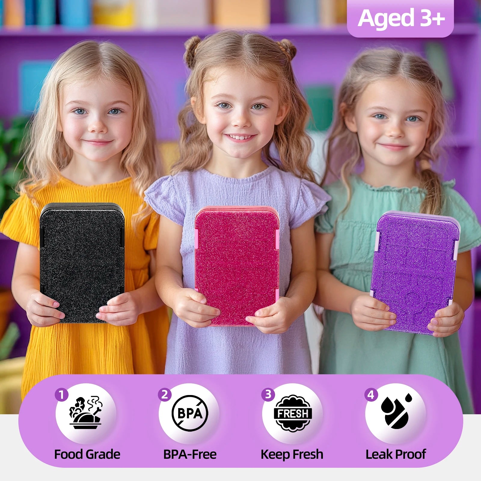 Kids Glitter Bento Lunch Box 5 Compartment Leakproof Food Container - 15