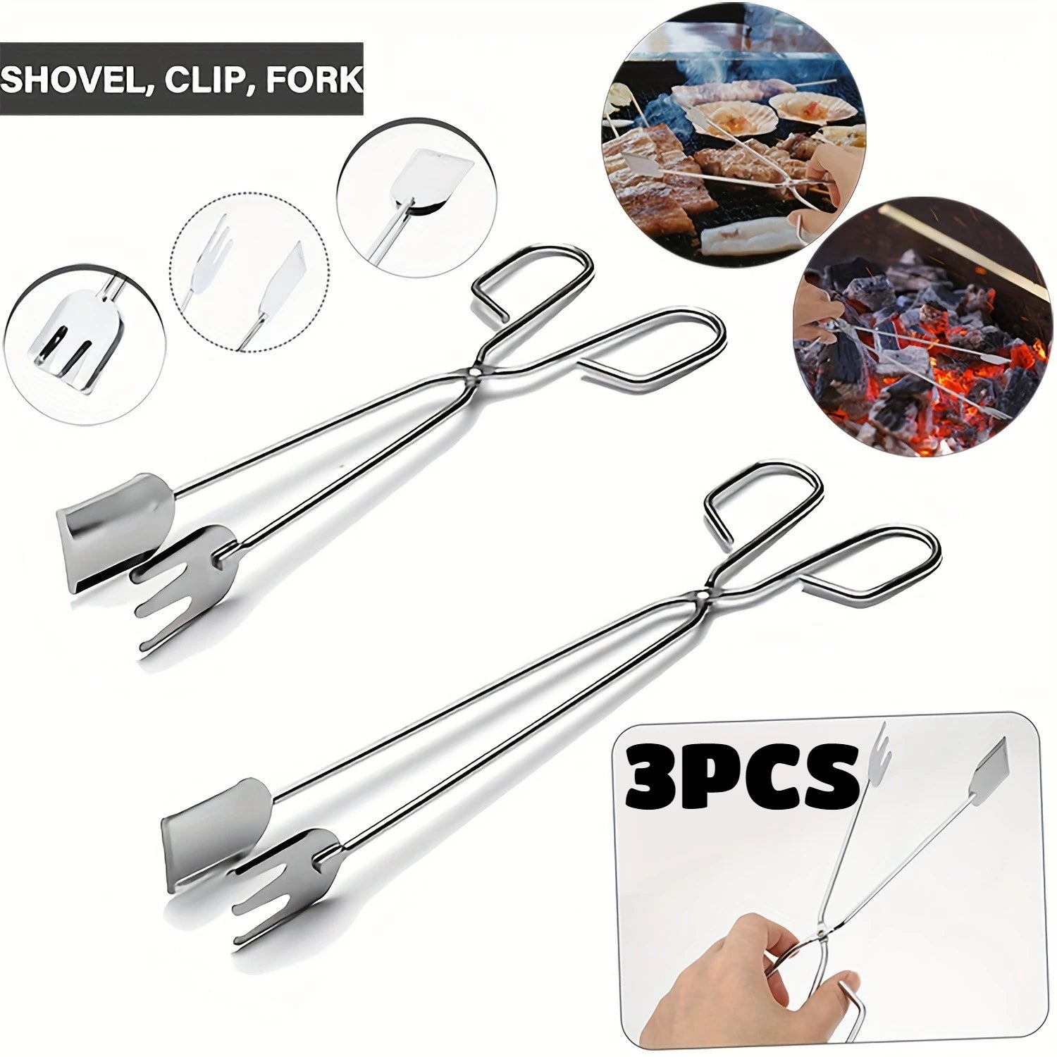 3Pcs Stainless Steel BBQ Scissor Tongs Kitchen Food Grill Clamps - 1