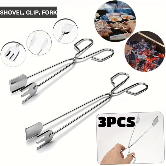 3Pcs Stainless Steel BBQ Scissor Tongs Kitchen Food Grill Clamps