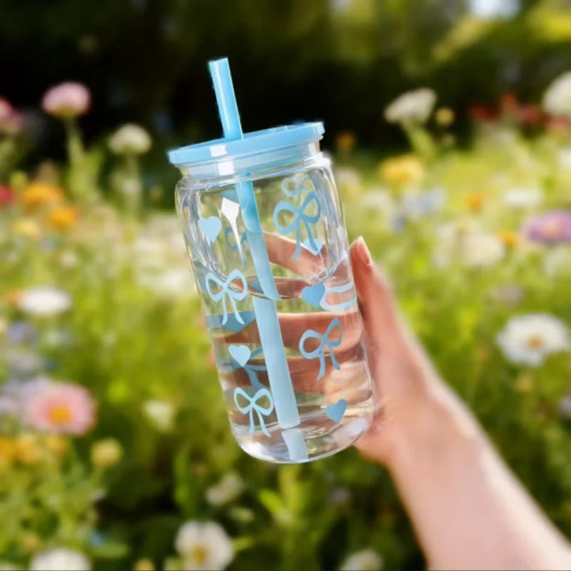 480ml Cute Bowknot Water Bottle with Straw BPA Free Reusable Drink Cup - 3
