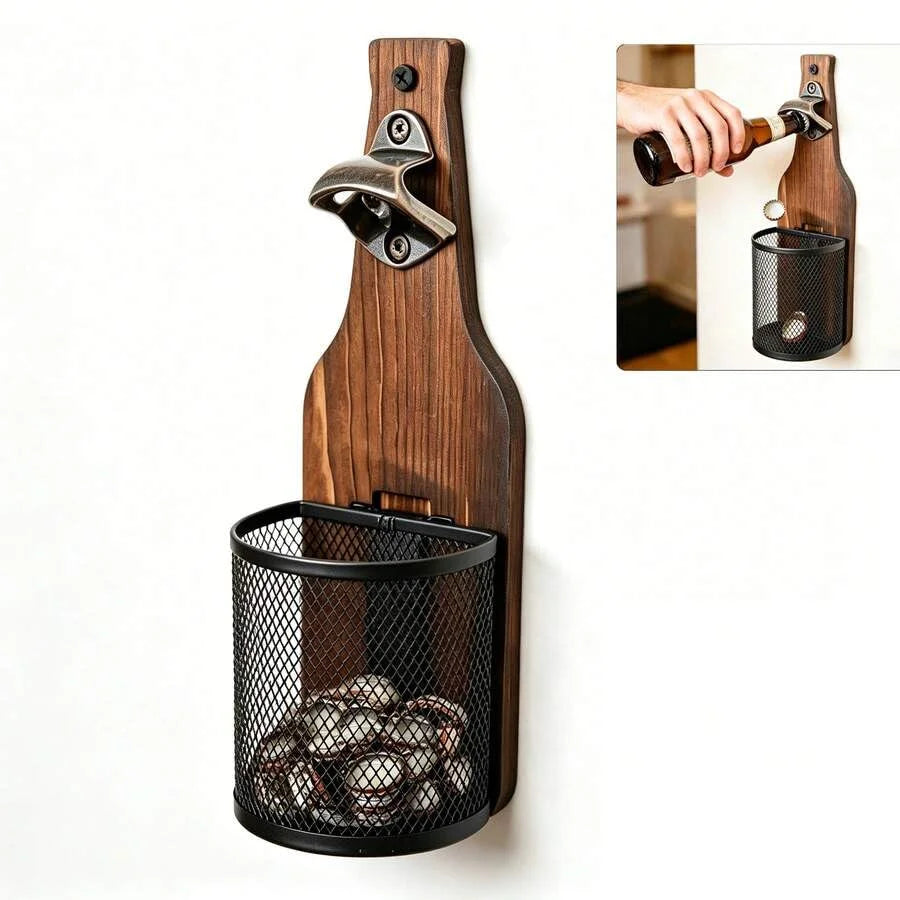 Wall Mounted Wooden Beer Bottle Opener with Magnetic Cap Catcher - 1