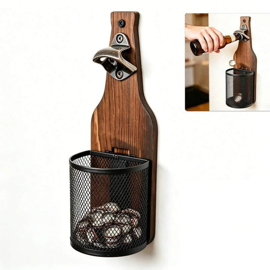 Wall Mounted Wooden Beer Bottle Opener with Magnetic Cap Catcher