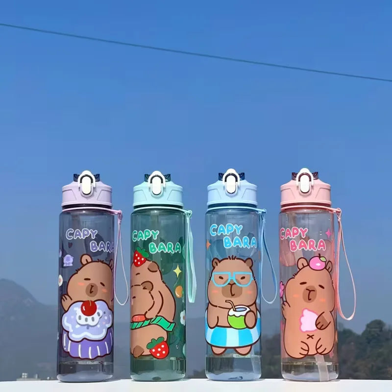 750ml Cute Capybara Water Bottle with Straw and Carrying Strap