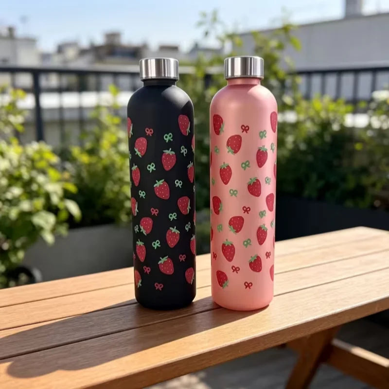 Cute Strawberry Water Bottle 1000ml Matte Frosted Leak Proof Sport Flask - 2