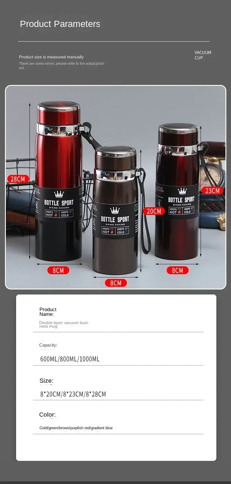 1L Stainless Steel Thermal Water Bottle Vacuum Insulated Travel Flask - 12
